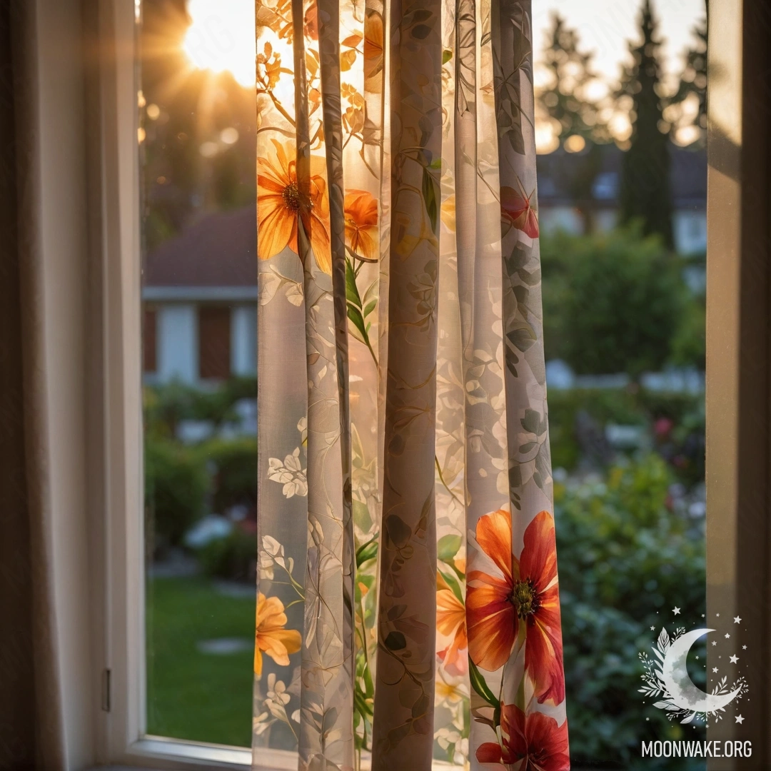 Close-up of a floral printed curtain with a garden view outside.