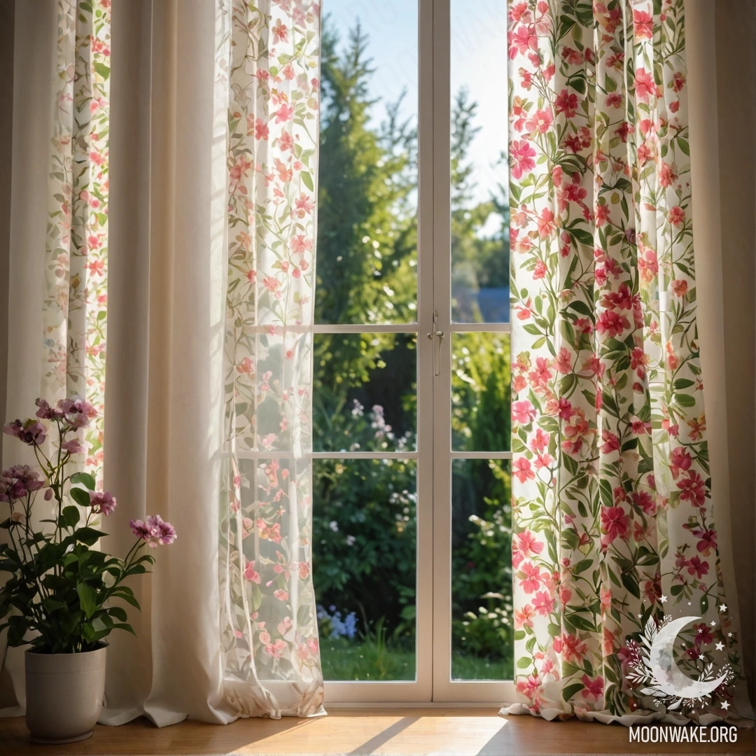 Floral Curtain with Garden View A close-up of a floral curtain with a window behind it, revealing a blooming garden outdoors.