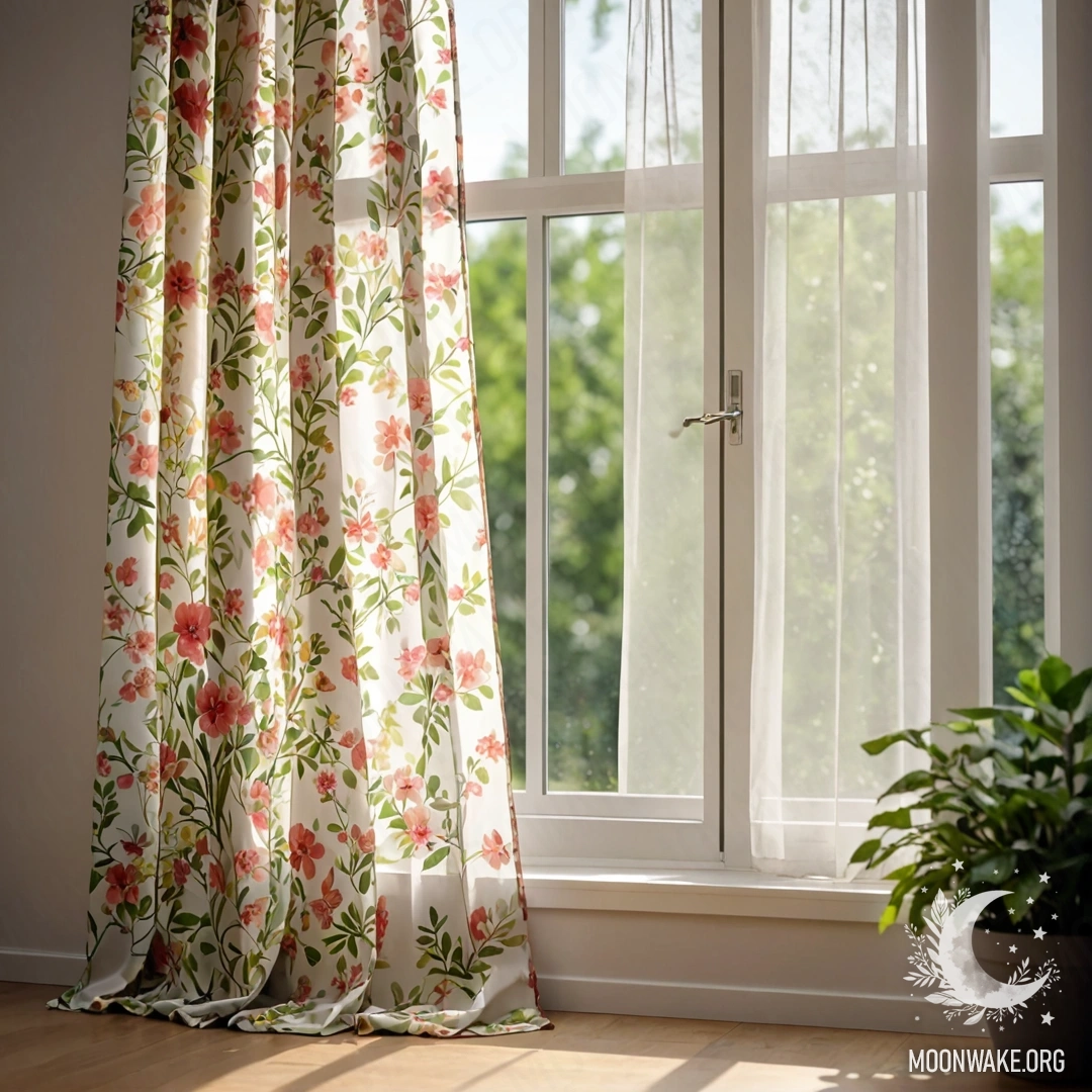A close-up of a floral printed curtain in front of a window, revealing a bokeh of a blooming garden and sun rays outside.