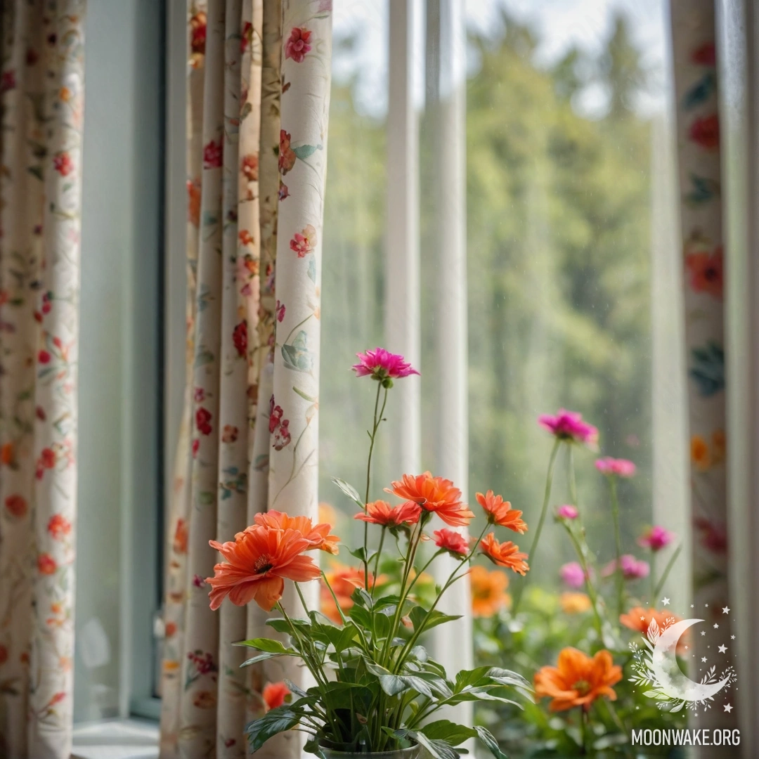 Close-up of a floral printed curtain with a blooming garden outside the window.