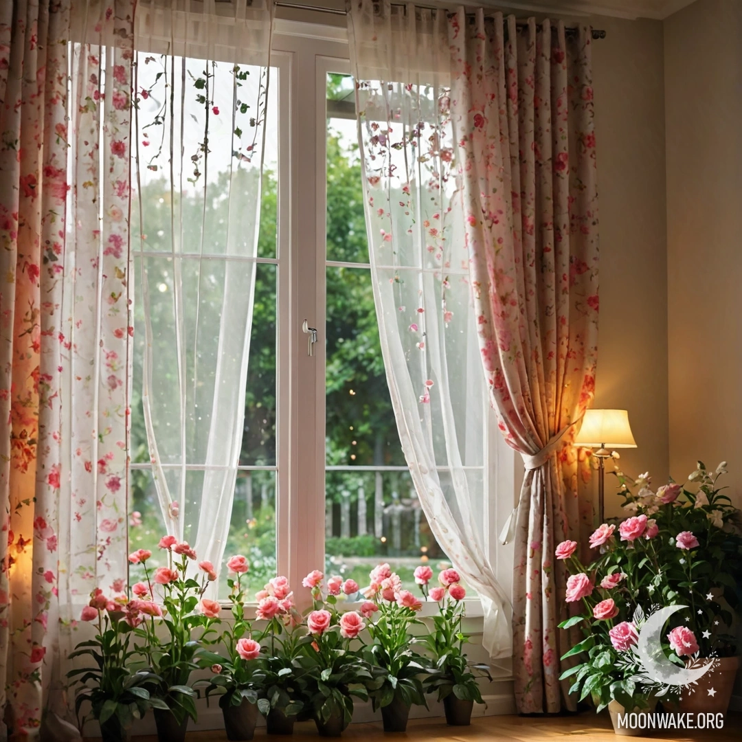 Floral Curtain with Garden View A close-up of a floral print curtain with a window behind it, revealing a bokeh of a blooming garden adorned with garland lights.