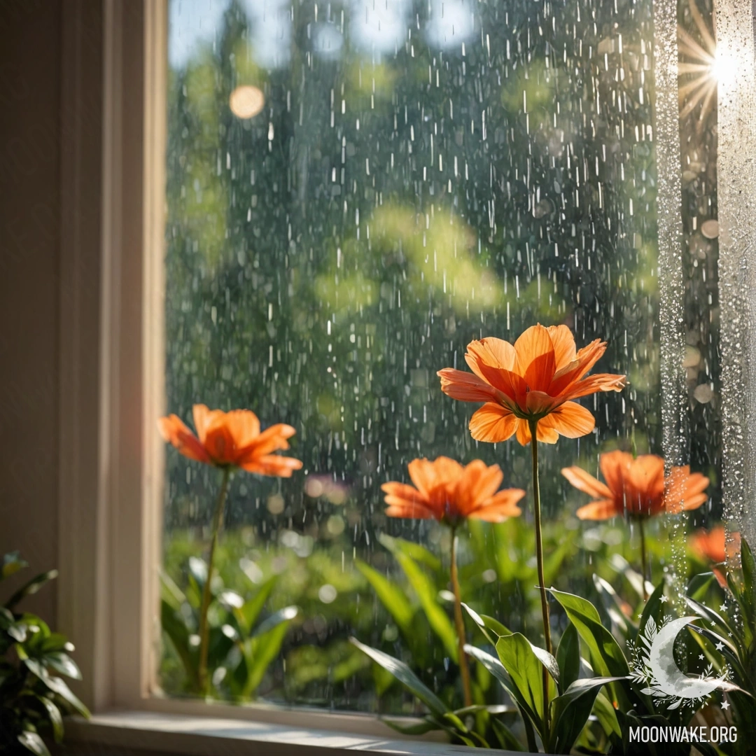 A close-up of a floral print curtain with a window behind it and a blooming garden seen through the window blurred by rain.