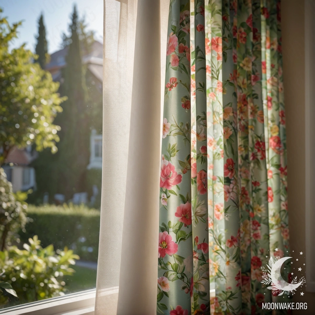 A close-up of a floral printed curtain with a window and a blooming garden outside blurred in the background.