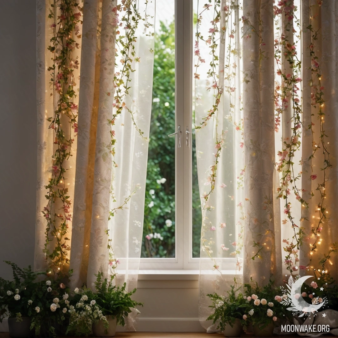 Floral Curtain with Garden View A close-up of a floral printed curtain with a blooming garden view outside the window.