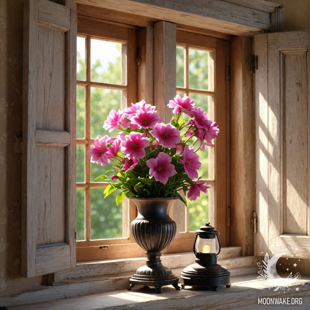A close-up of a floral print curtain with a blooming garden behind it, softly blurred in the background.