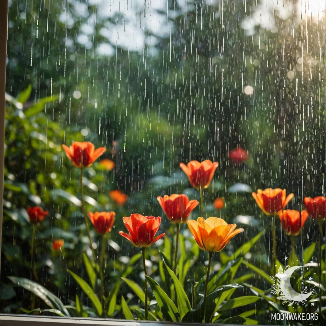 Floral Curtain with Garden View A close-up of a floral print curtain with a window and a garden outside in bokeh under the rain.
