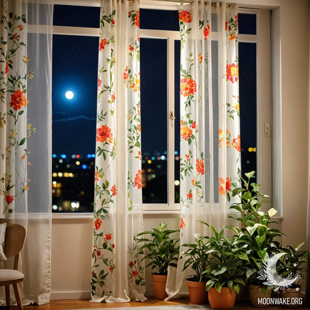 A close-up of a floral printed curtain with a blooming garden view behind it at night.