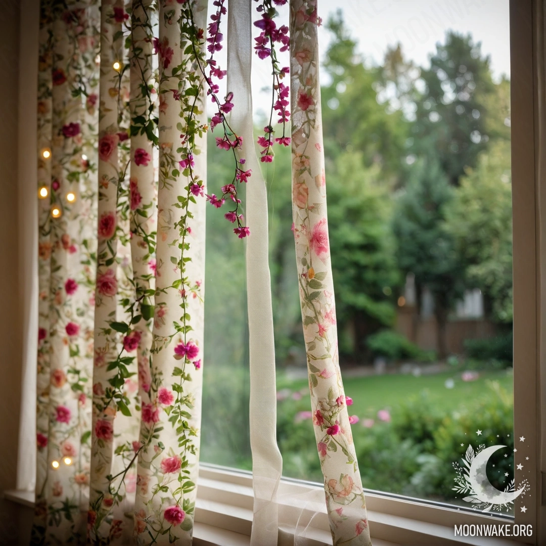 Close-up of a floral print curtain in front of a window, overlooking a blooming garden blurred in the background.