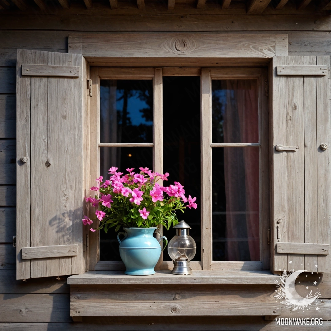 A close-up of a floral-printed curtain with a window and a garden view in soft bokeh.