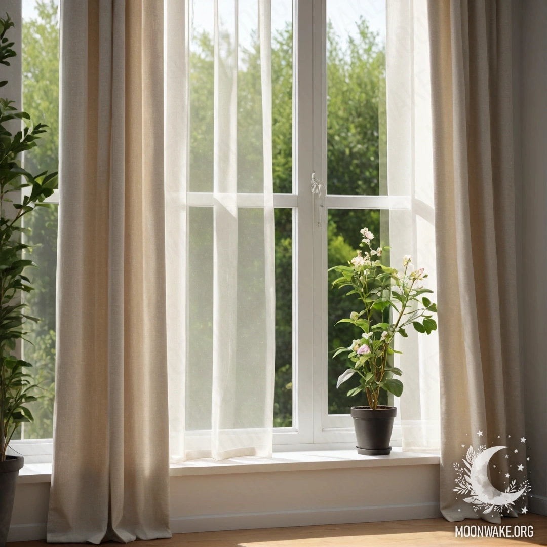 A close-up of a floral print curtain with a window behind it, showing a blooming garden in soft focus.