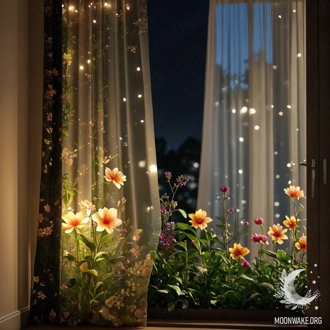 Close-up of a floral curtain with a window and a blooming garden outside at night.
