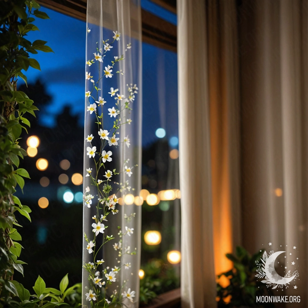 A close-up of a floral print curtain in front of a window, with a bokeh of a blooming garden visible outside at night.