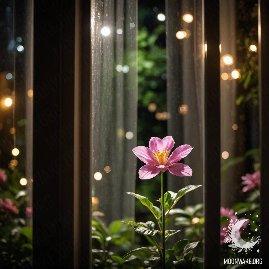Close-up of a floral print curtain with a blooming garden visible out the window behind it.