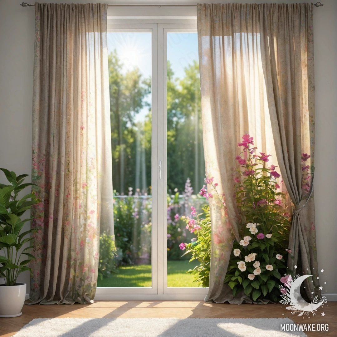 A close-up of a floral curtain with a window and a blooming garden outside, illuminated by sun rays.