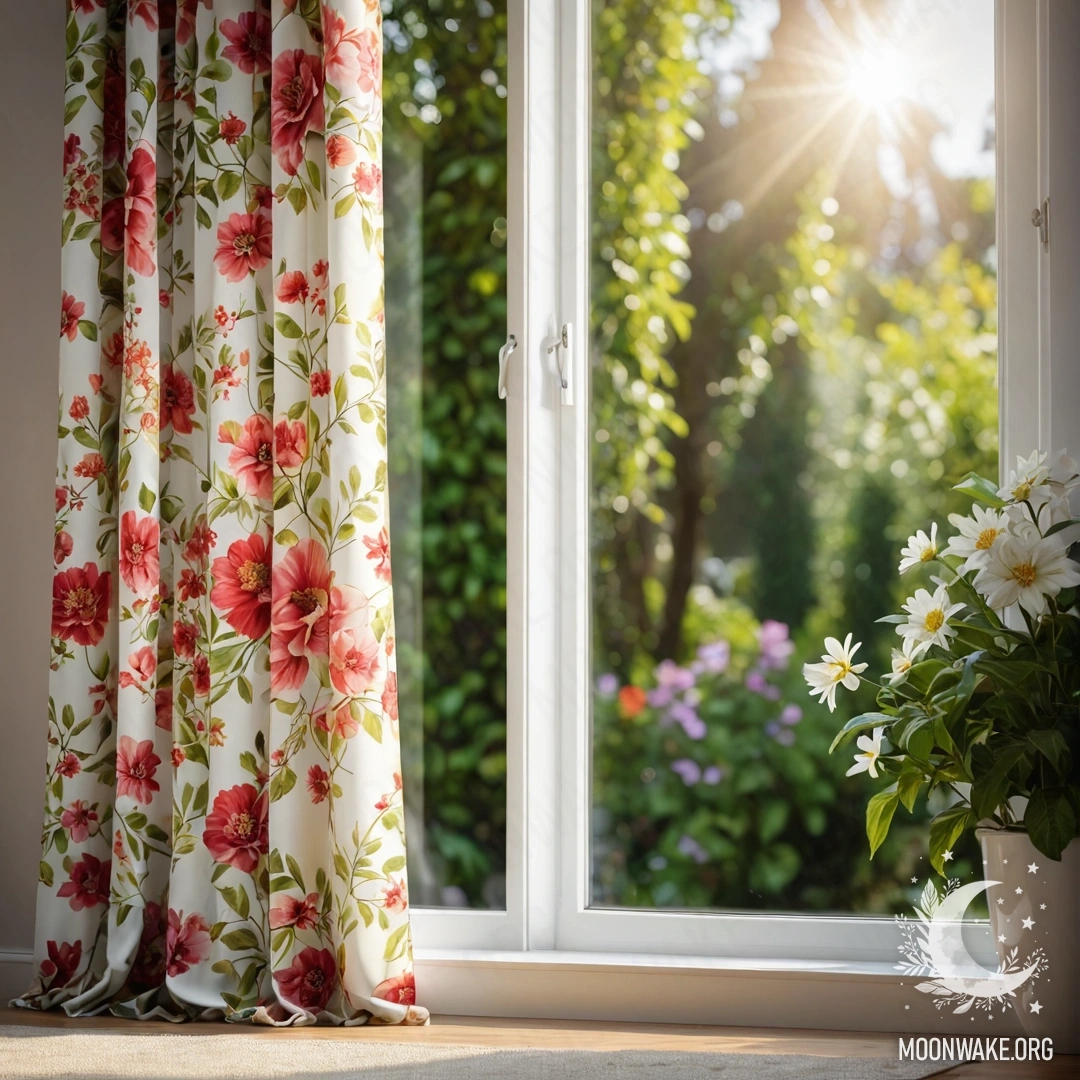 A close-up of a floral curtain with a window backdrop revealing a blooming garden out of focus with sun rays.