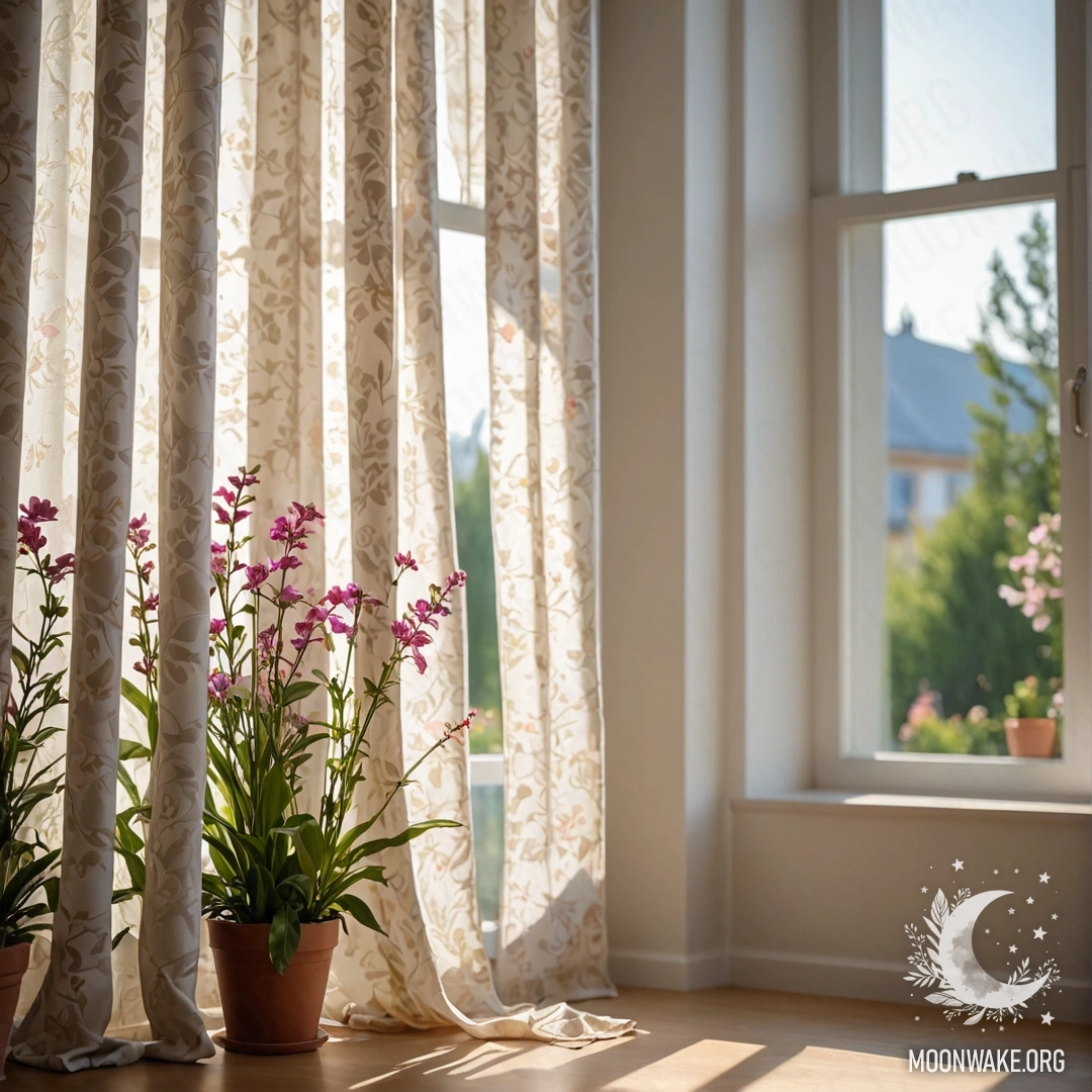 A close-up of a floral print curtain with a window behind it, revealing a blooming garden.