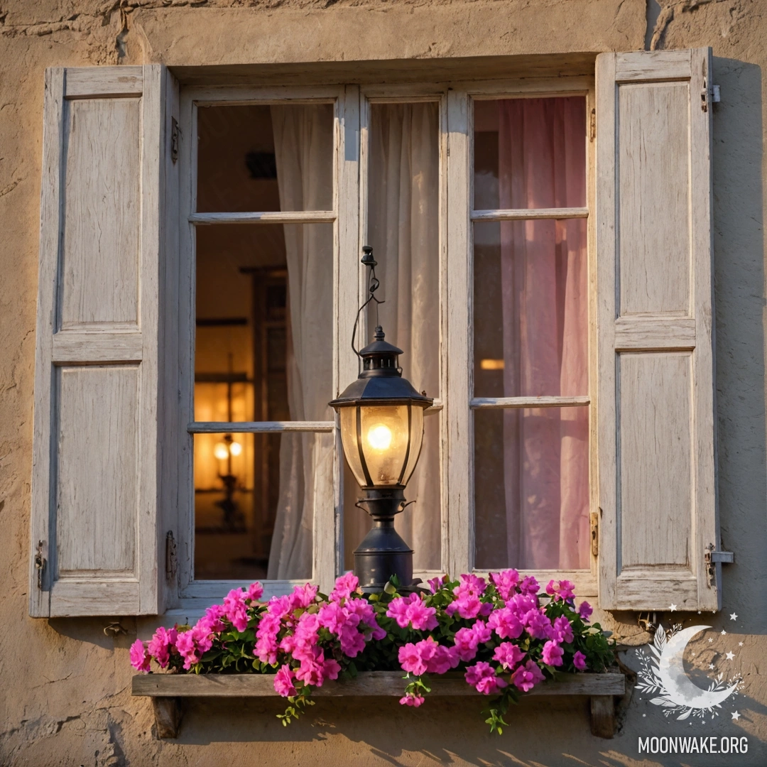 Close-up of a floral curtain with a window behind it, overlooking a blooming garden with soft bokeh and sun rays.