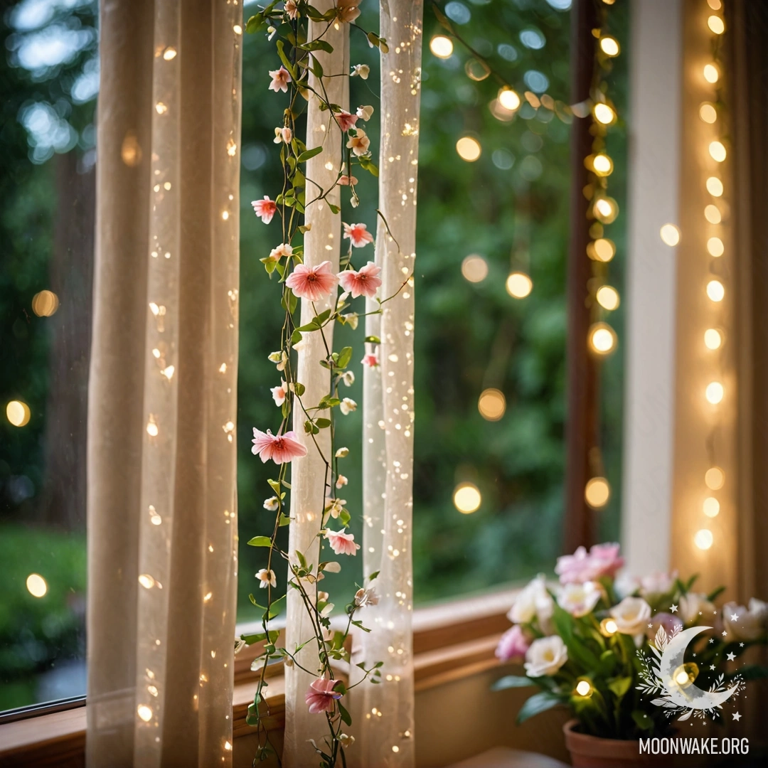 Close-up of a floral curtain with a blooming garden outside the window.