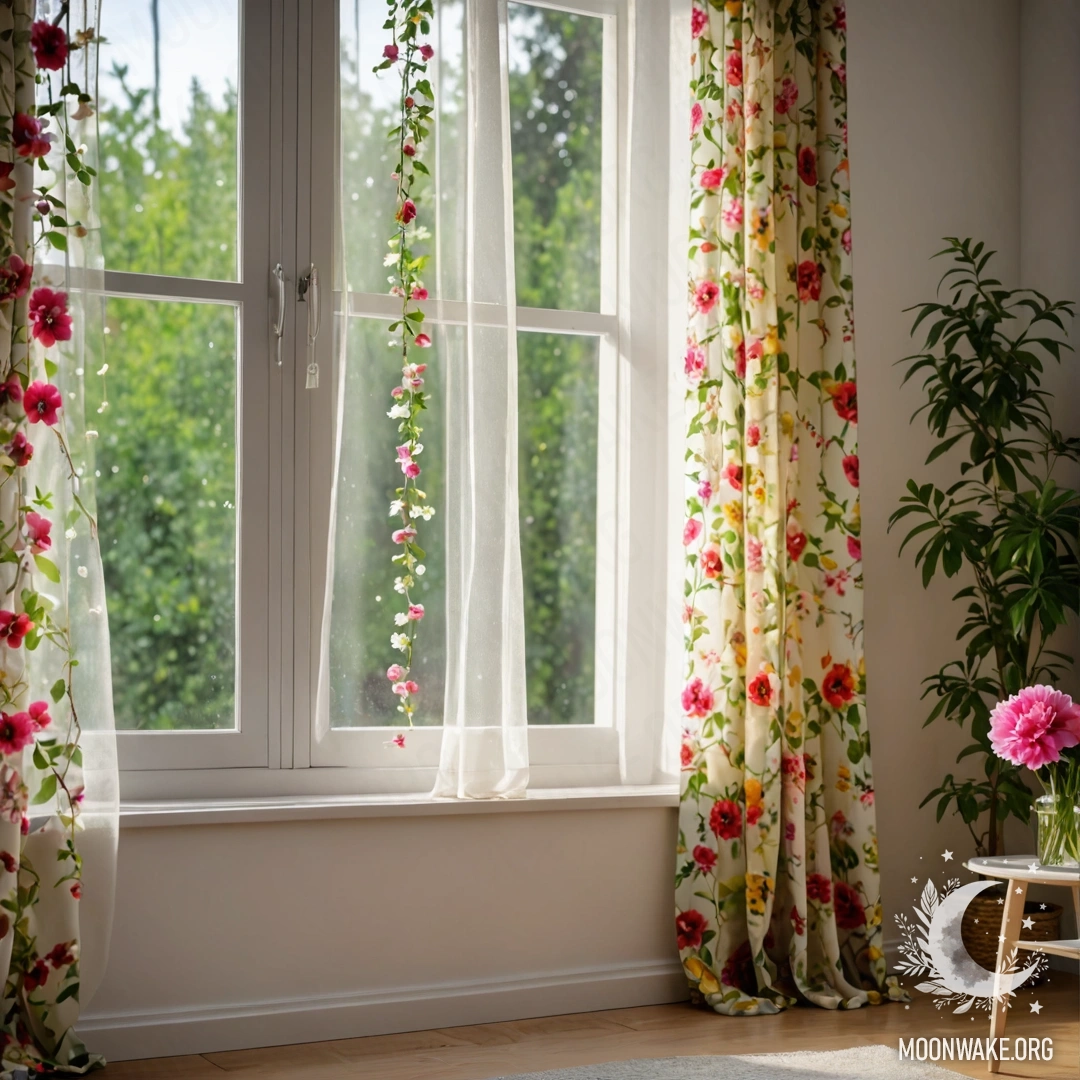 A close-up of a floral printed curtain with a window behind showcasing a blurred garden outside adorned with lights.