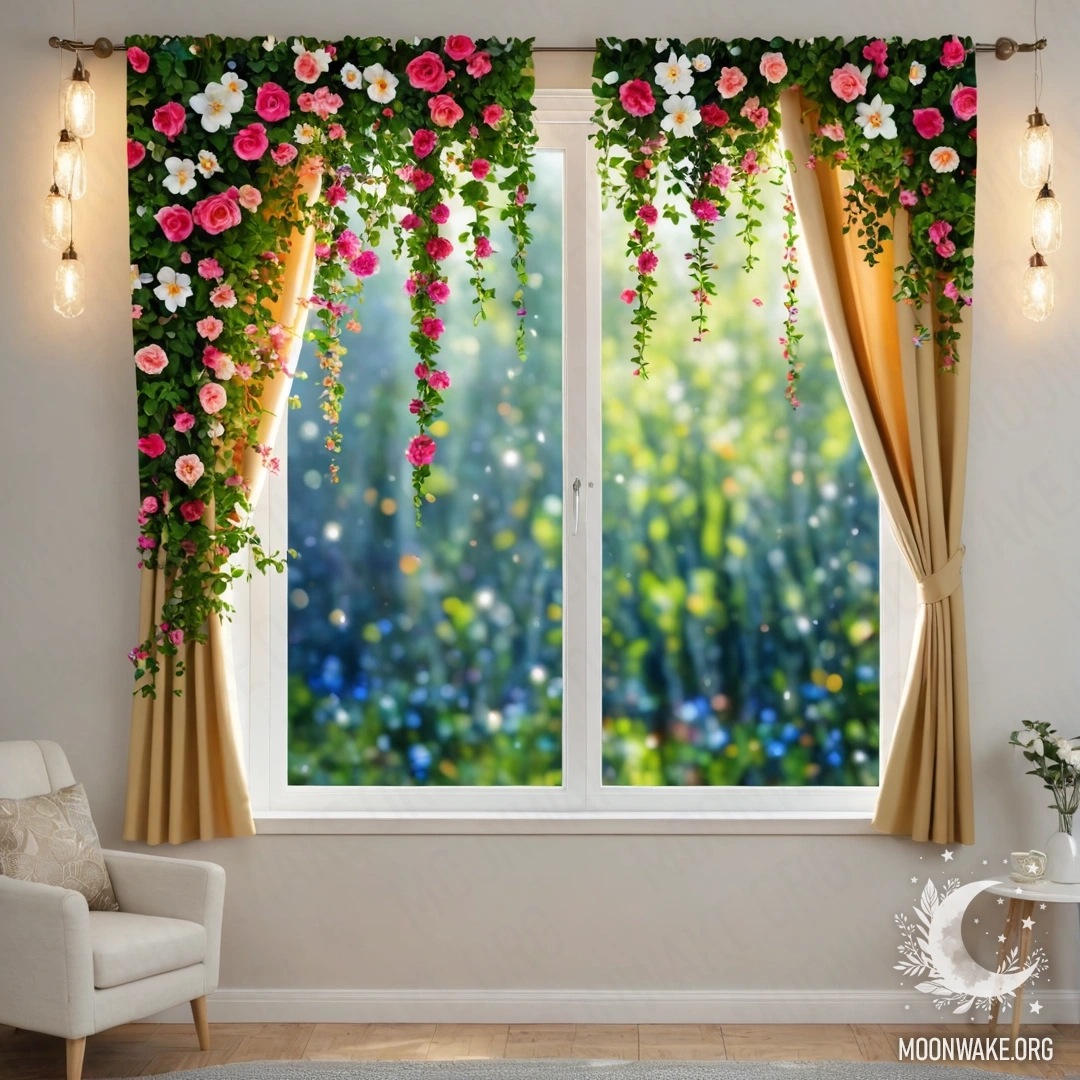 A close-up of a floral curtain with a blooming garden visible through a window.