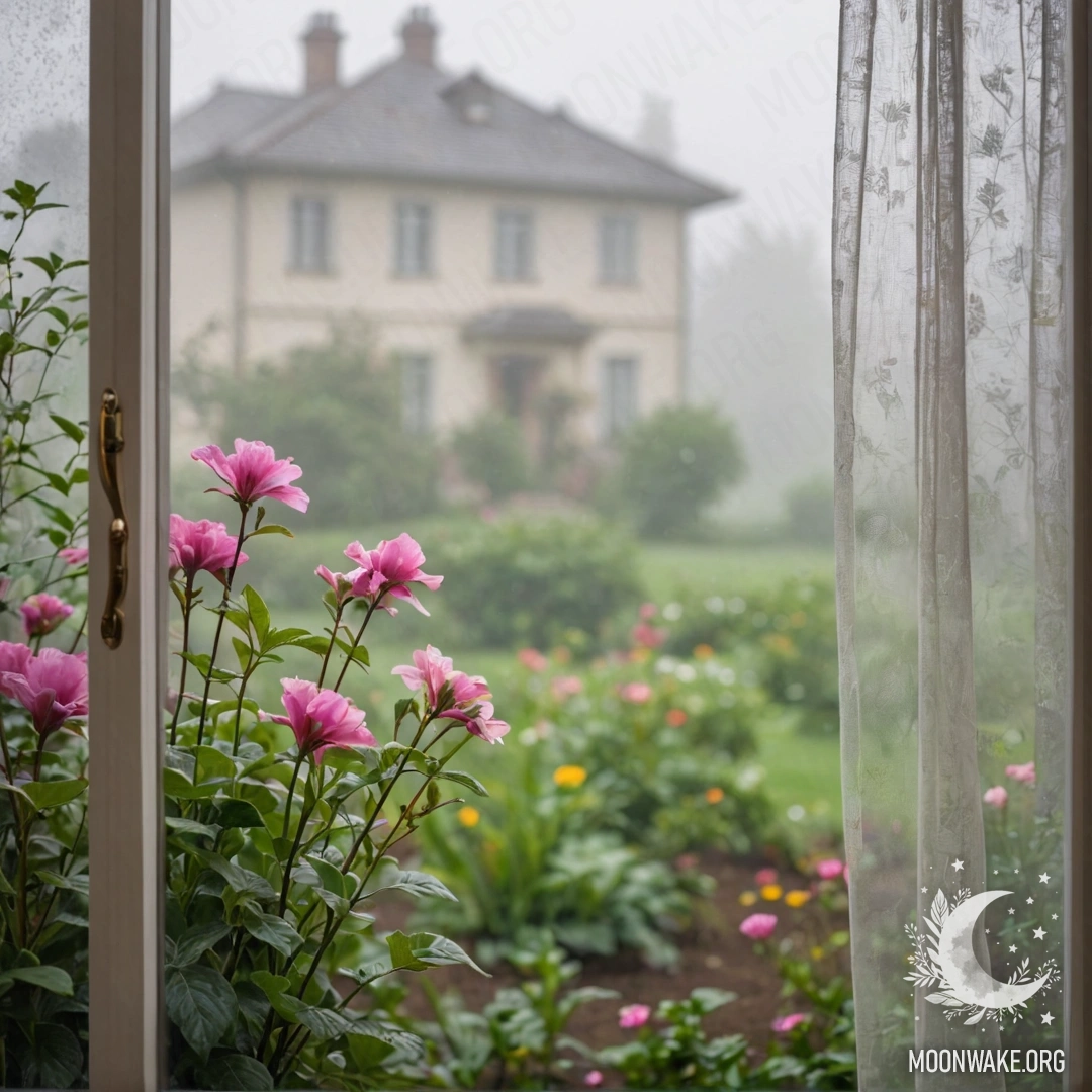 A close-up of a floral print curtain with a window behind it and a garden in bokeh effect outside.