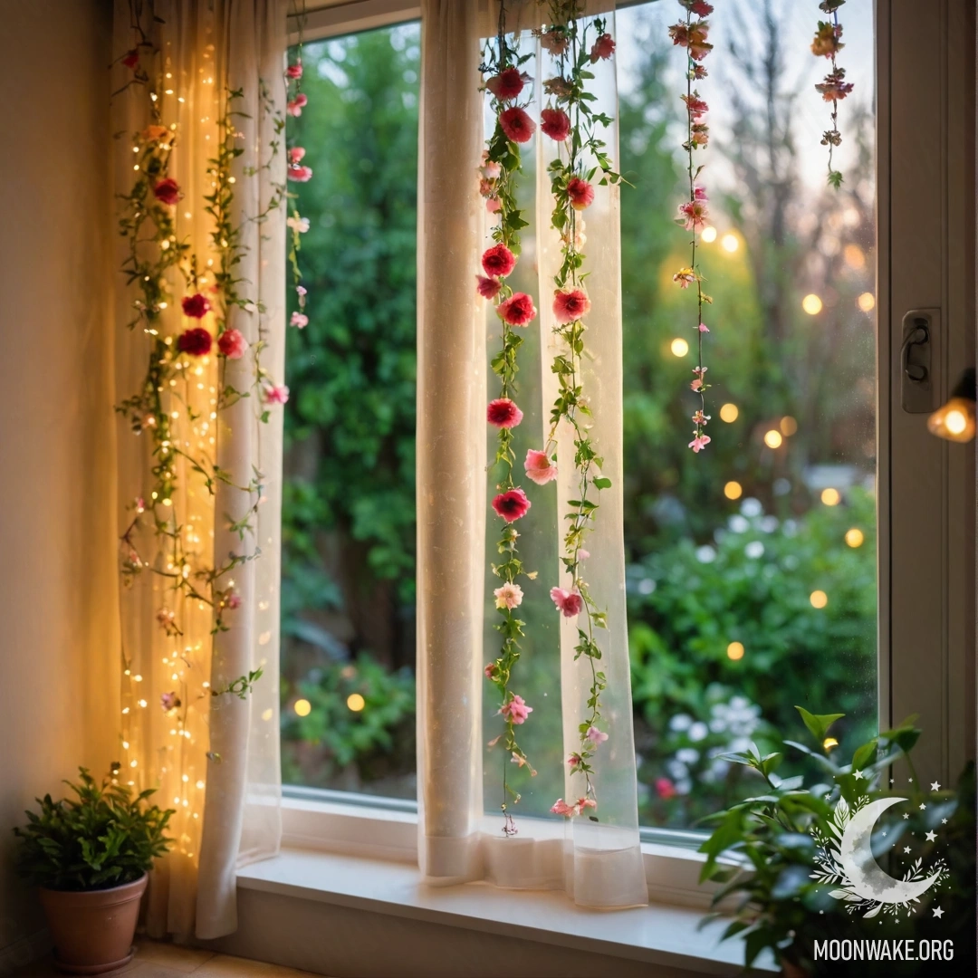 Floral Curtain with Garden View A close-up of a floral printed curtain with a window behind it, showing a blurred blooming garden with garland lights outside.