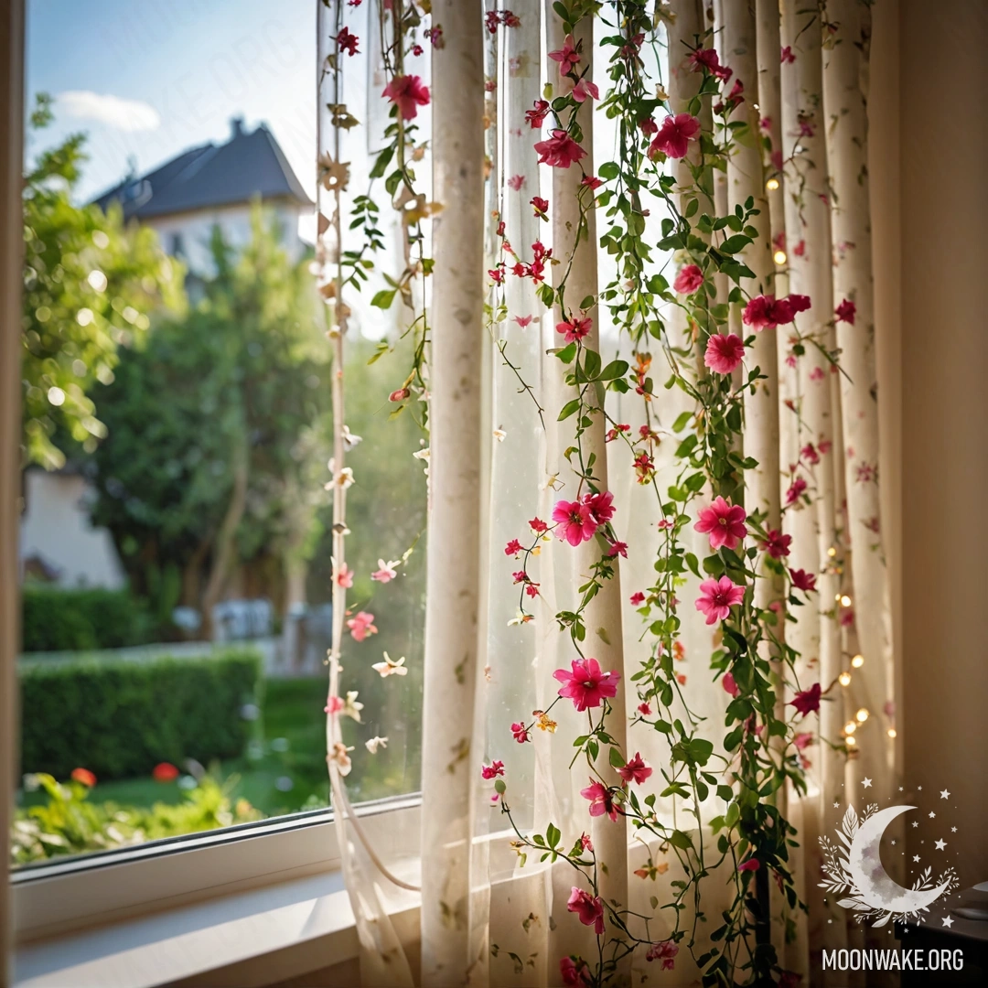 Close-up of a floral curtain with a window and blooming garden outside, illuminated with garland lights.