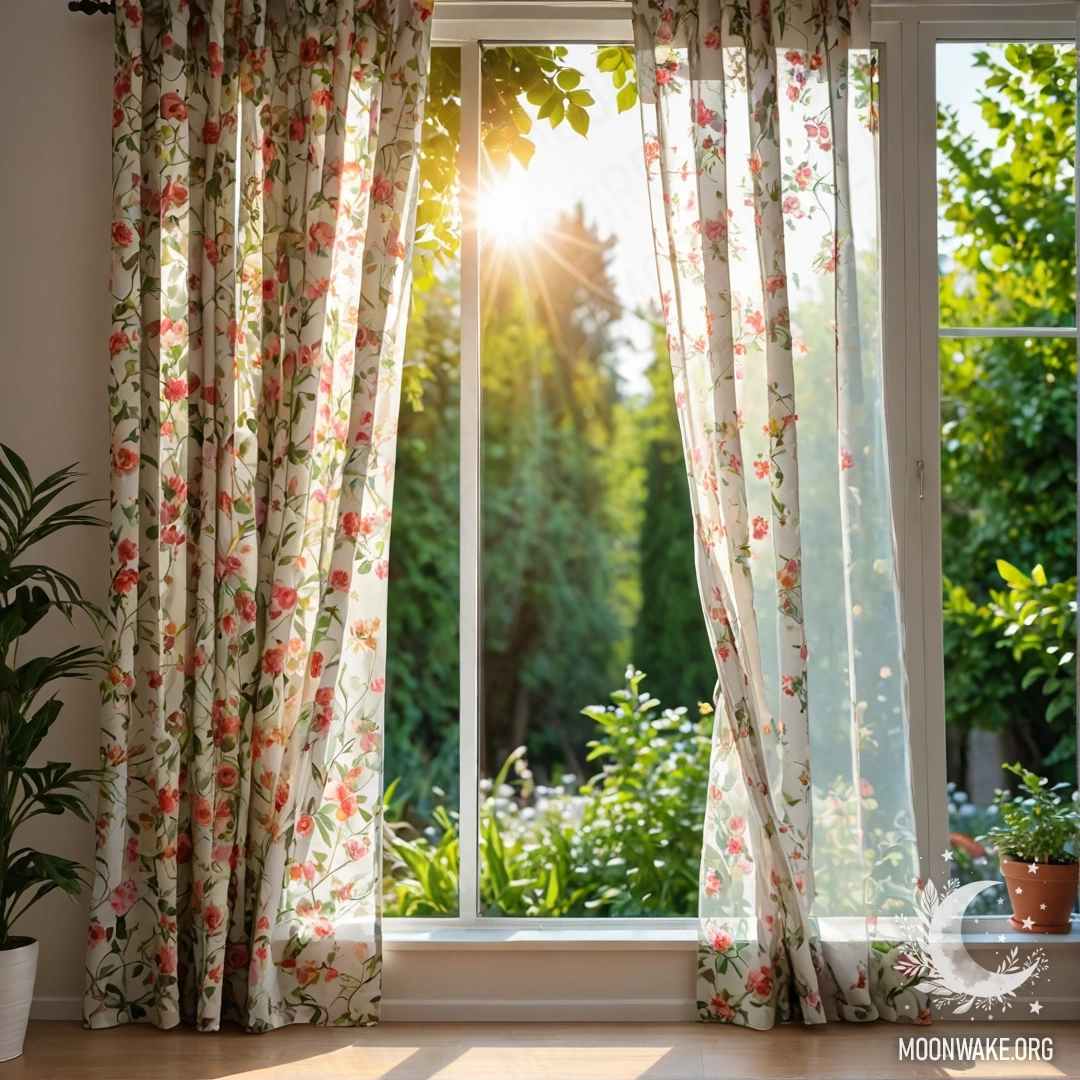 A close-up of a floral print curtain with a window behind it, revealing a blooming garden outside in soft focus.