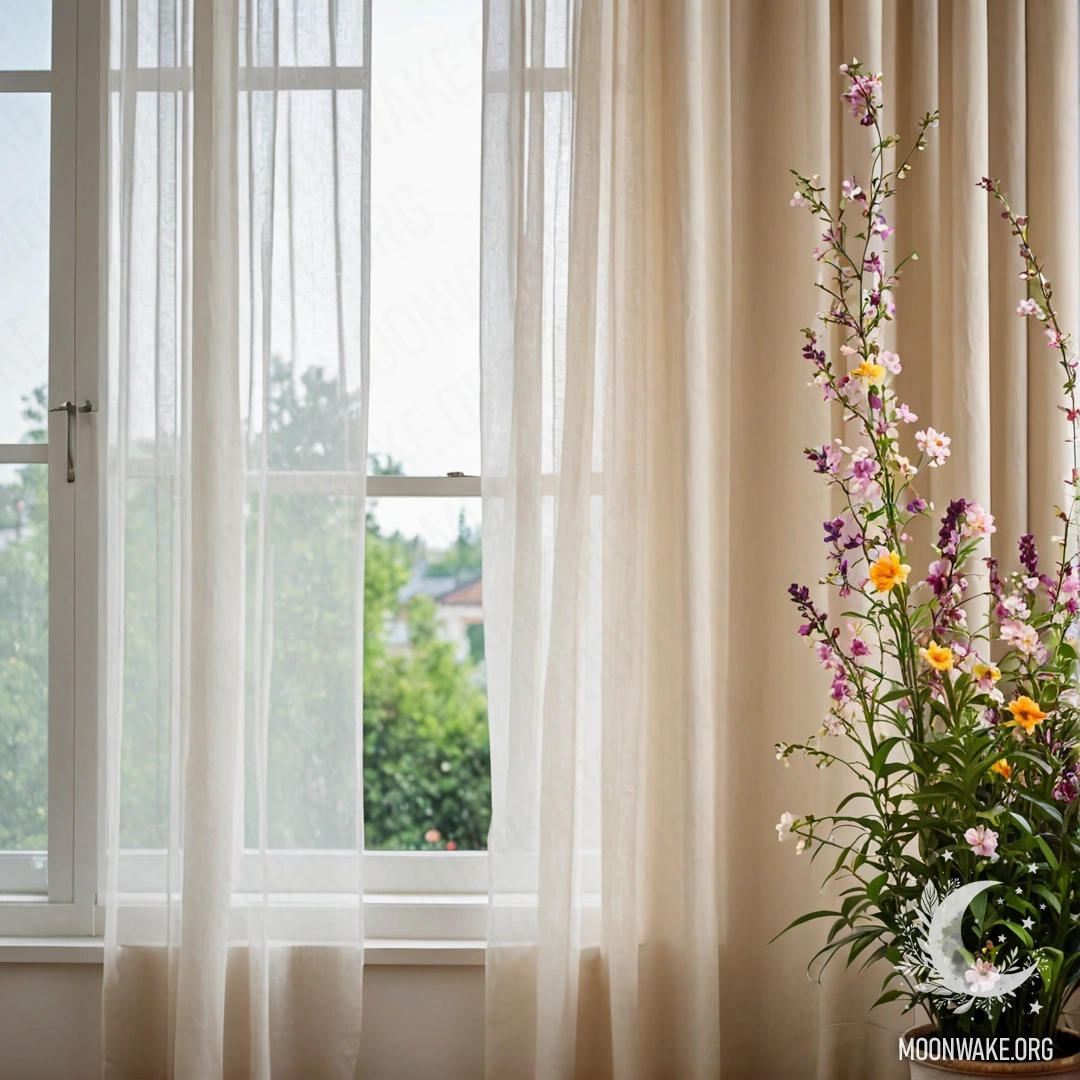 Close-up of a floral print curtain with a blooming garden in bokeh behind it.