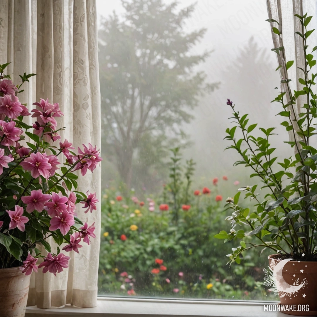 Floral Curtain with Garden View in Fog Close-up of a floral printed curtain with a view of a blooming garden in the background, surrounded by dense fog.