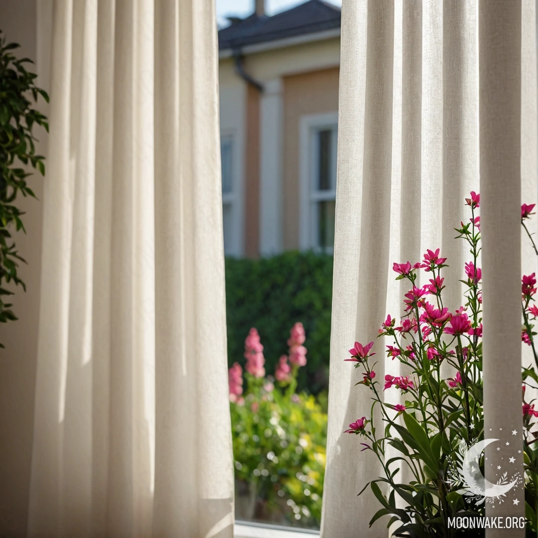 Close-up of a curtain with a floral print in front of a window, beyond which lies a blurry blooming garden.