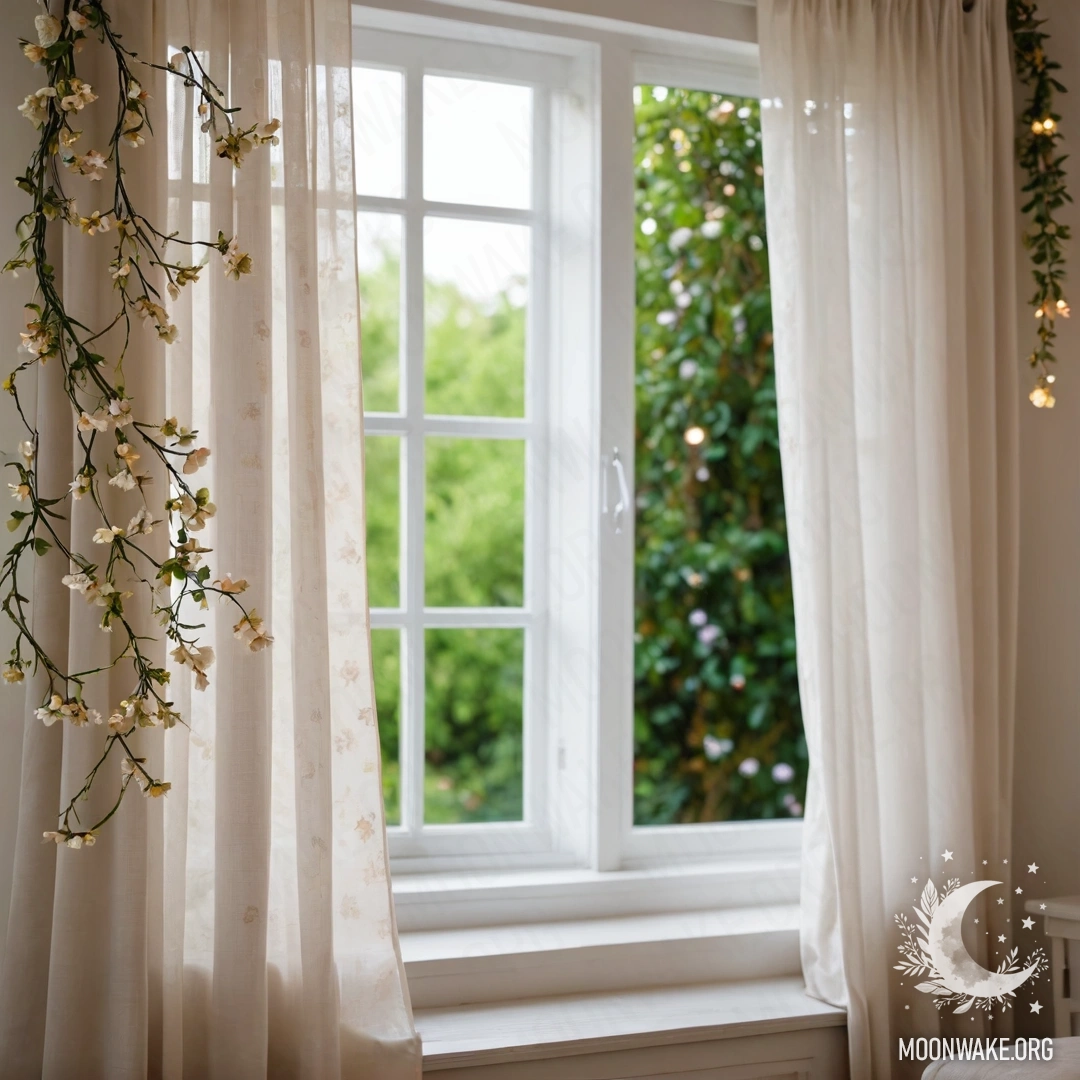 A close-up of a floral print curtain with a garden view in the background.