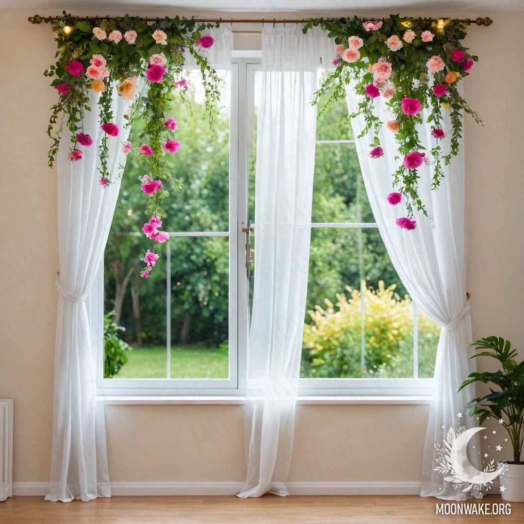A close-up of a floral print curtain in front of a window with a blooming garden and warm garland lights blurred in the background.