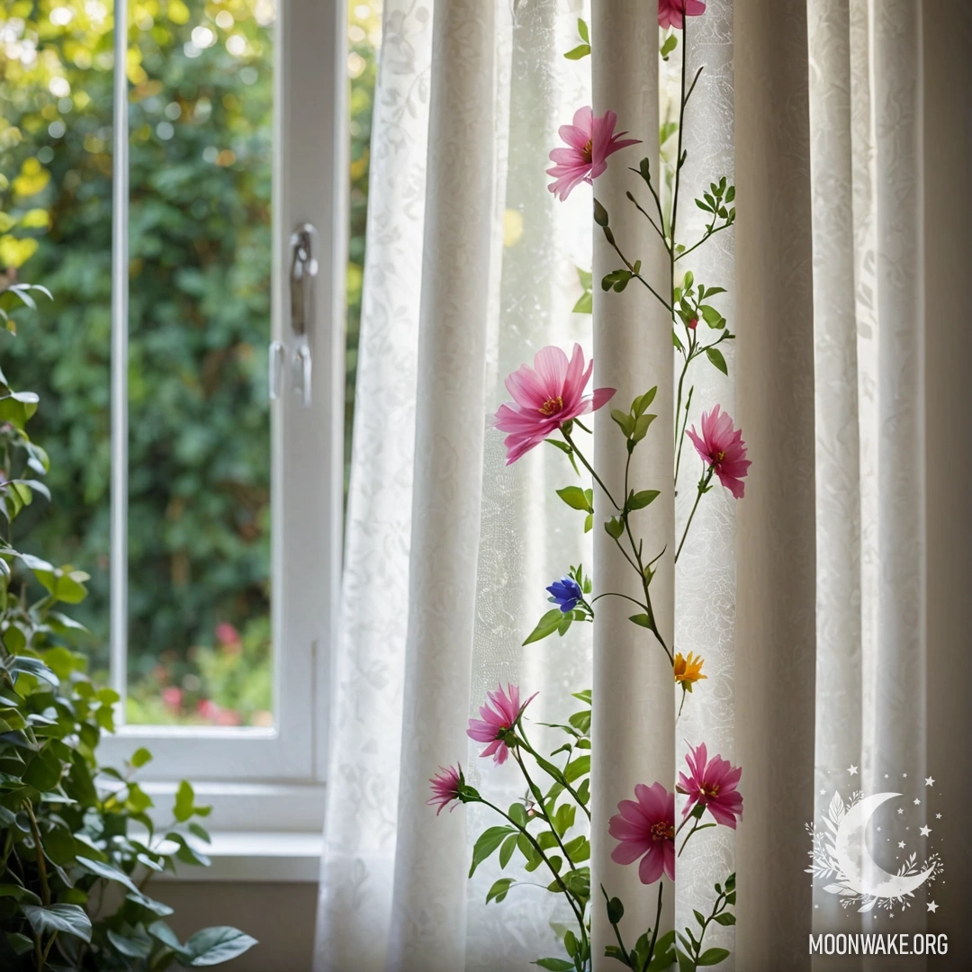 A close-up of a floral print curtain with a window and a blooming garden in soft bokeh.