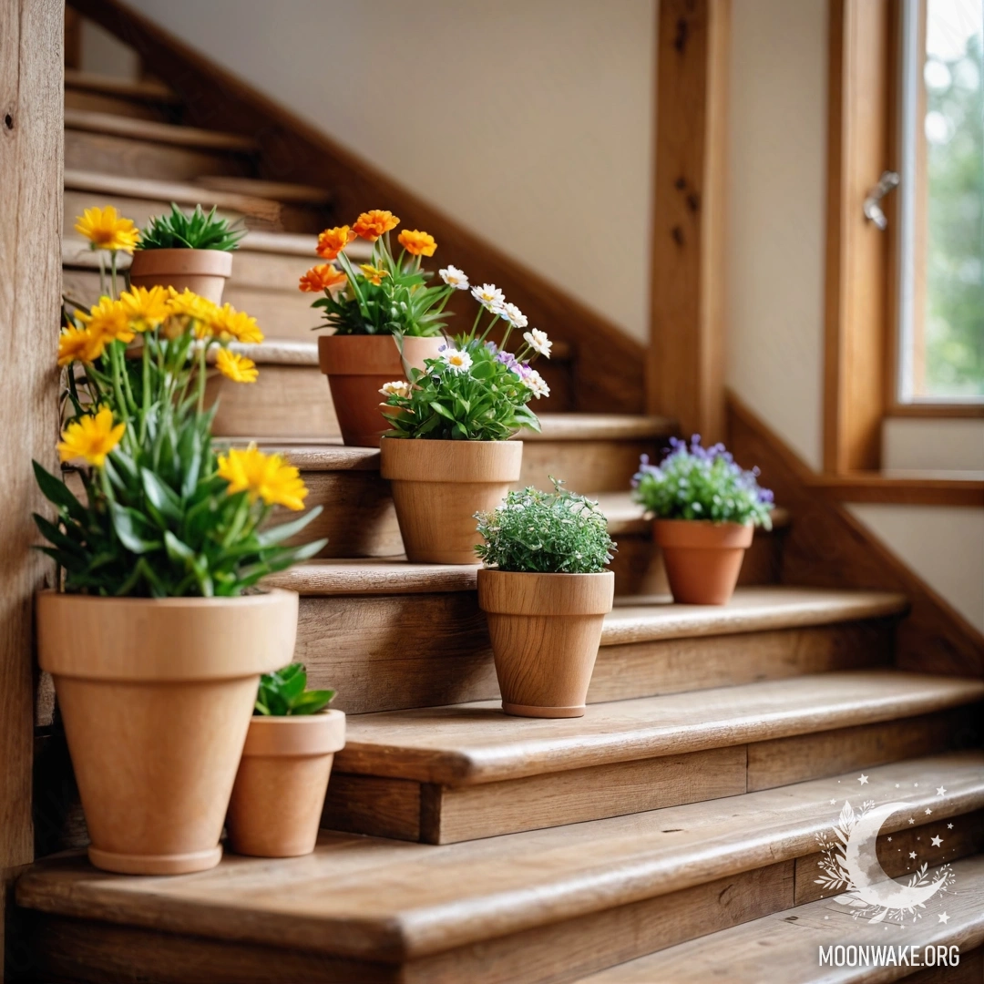 A wooden staircase adorned with flowerpots and lens, portraying an abstract scene.