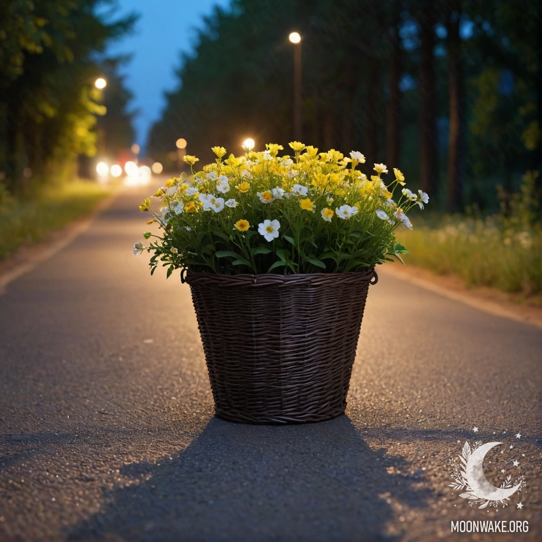 A flower basket sitting on a dirt road with blurred trees in the background at night.