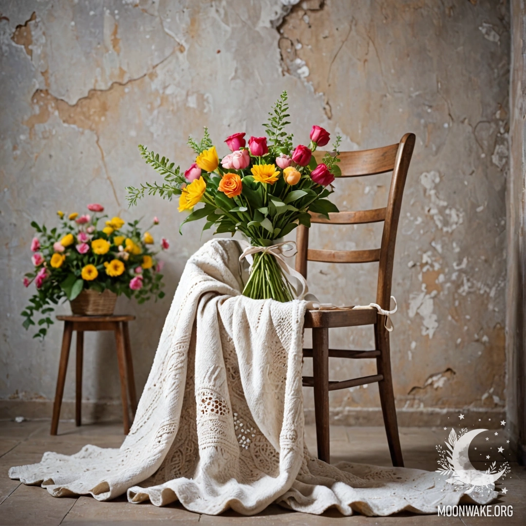 A cozy blanket draped over a chair with a bouquet of flowers and a garland, against a shabby wall.