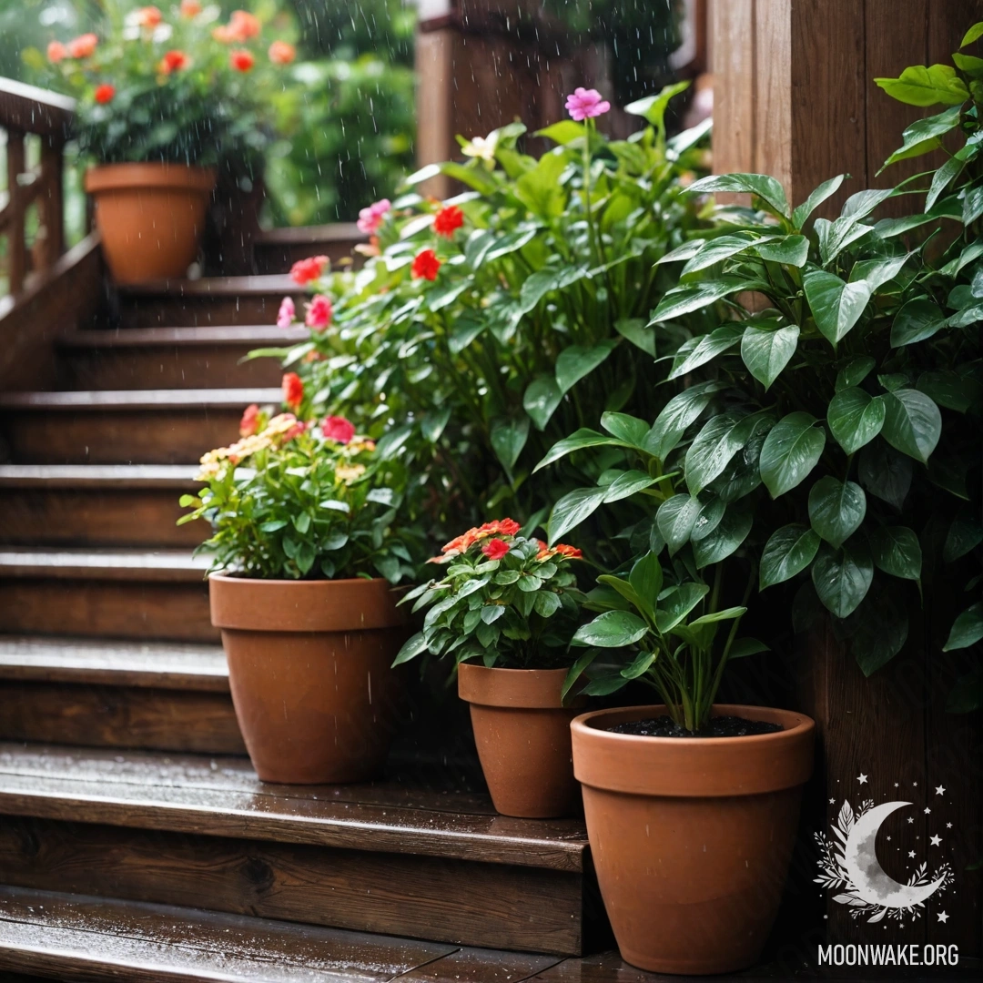 Flower Pots on a Rainy Wooden Staircase A wooden staircase with flower pots placed underneath falling rain.