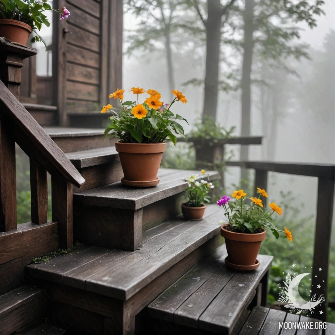 A wooden staircase with flowerpots shrouded in dense mist.
