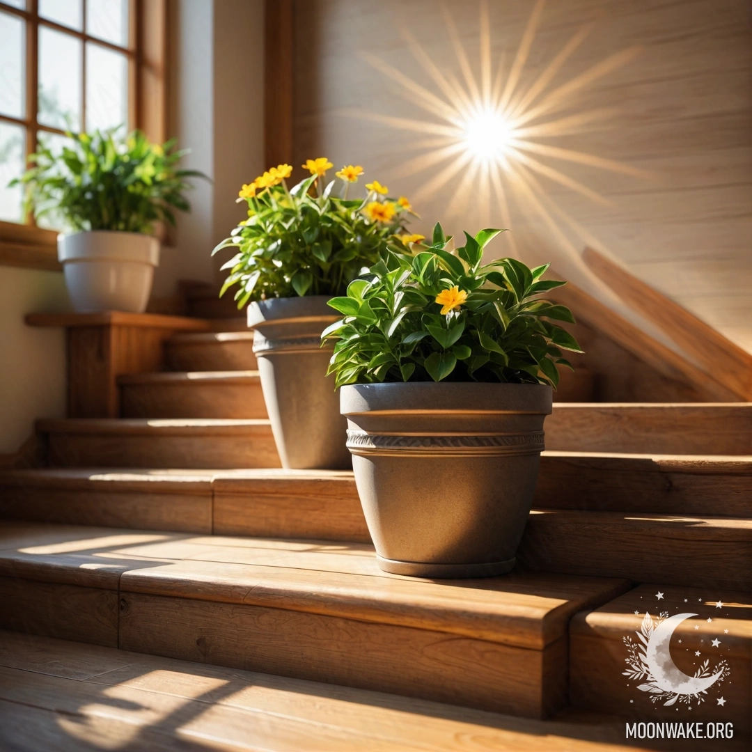 Flowerpots on Sunlit Wooden Staircase A wooden staircase adorned with flowerpots basking in sunlight.