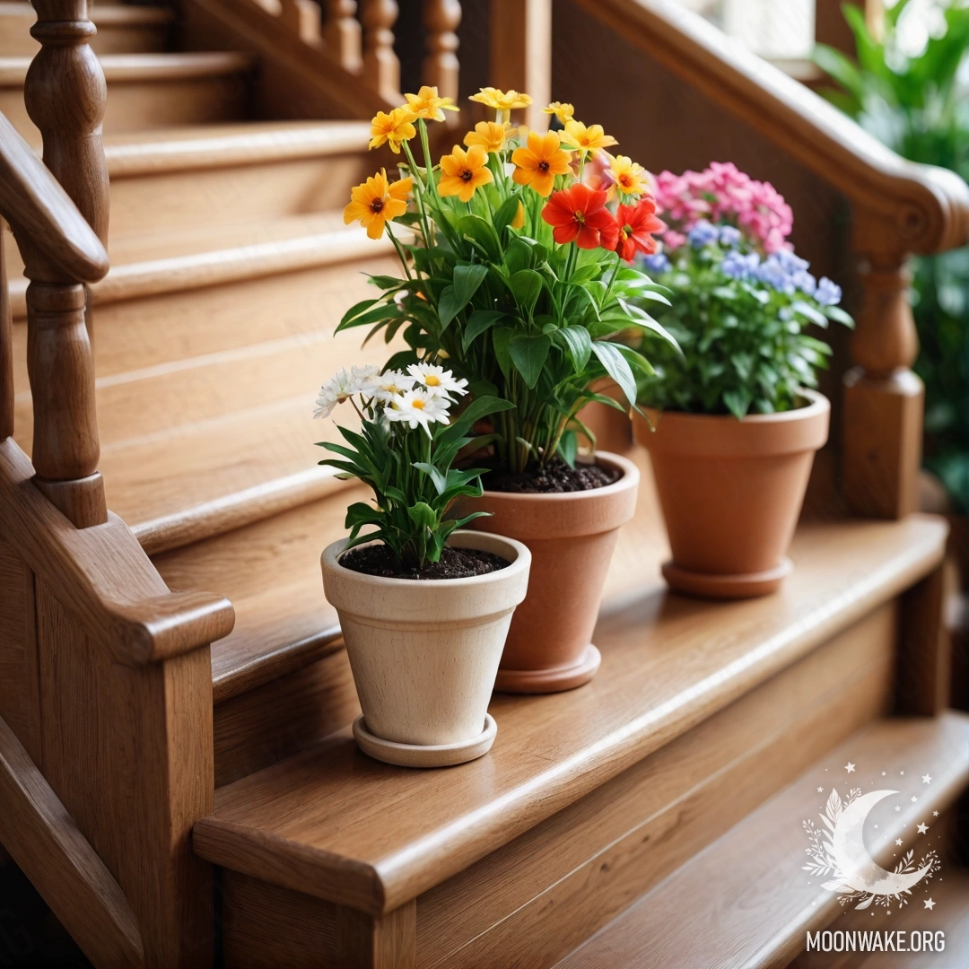 Flowerpots on the Wooden Staircase A wooden staircase adorned with flowerpots featuring lenses.