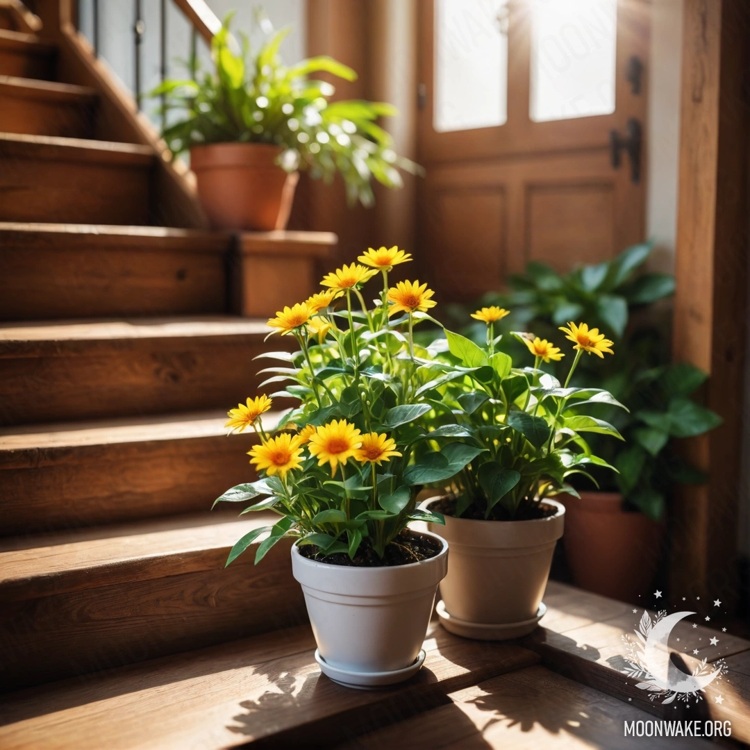 A wooden staircase adorned with flowerpots bathed in sunlight.