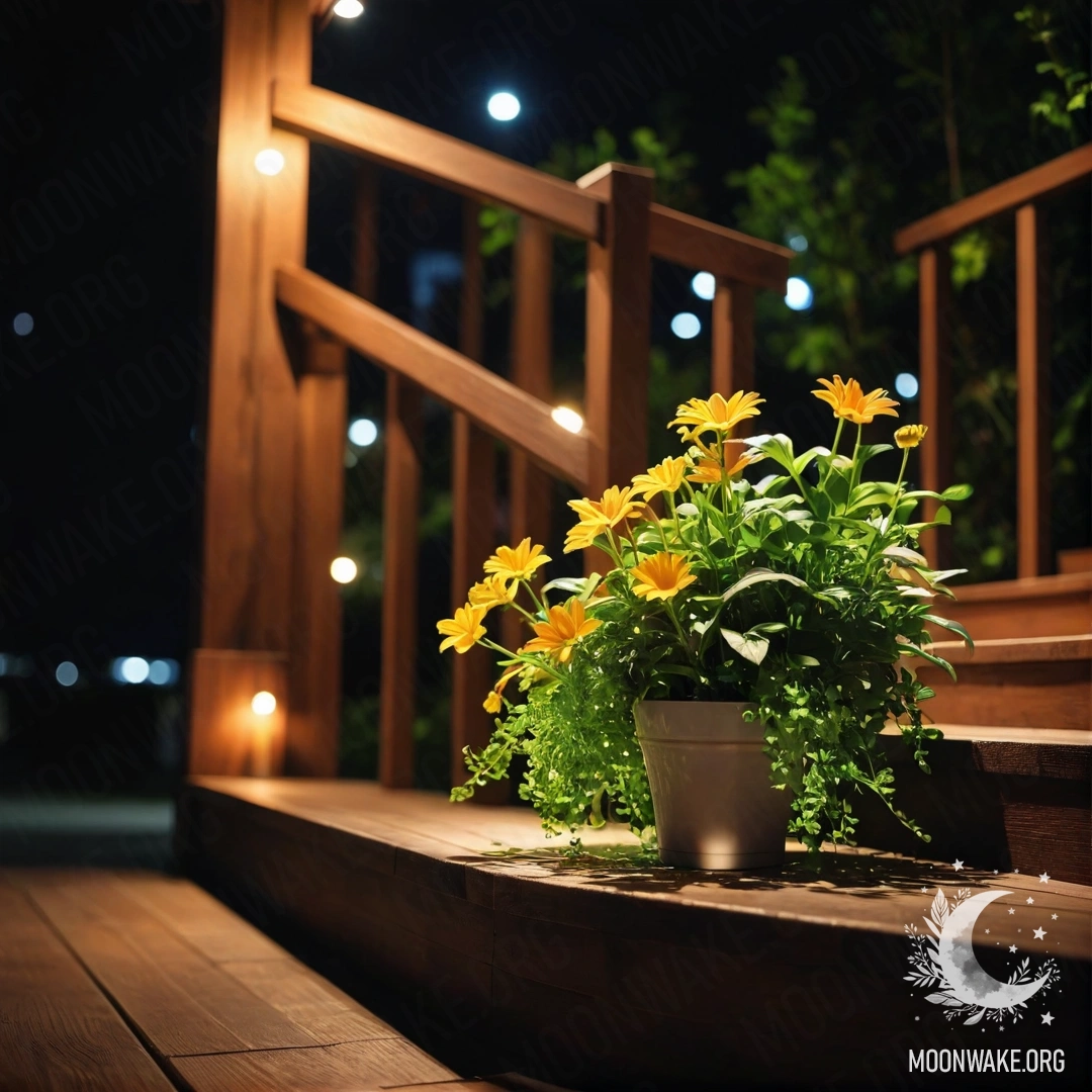 Flowerpots on a Wooden Staircase at Night A wooden staircase adorned with flowerpots under the night sky.