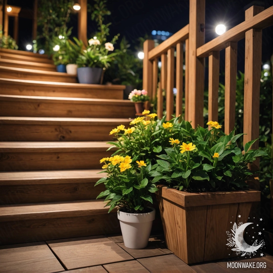 Flowerpots on a Wooden Staircase at Night A wooden staircase adorned with flowerpots, illuminated at night.