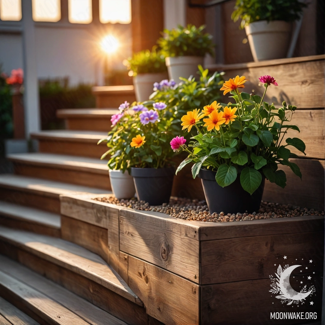 A wooden staircase adorned with flowerpots, illuminated by the sunset.