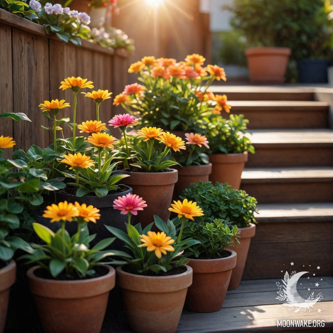 A wooden staircase adorned with flowerpots bathed in sunset light.