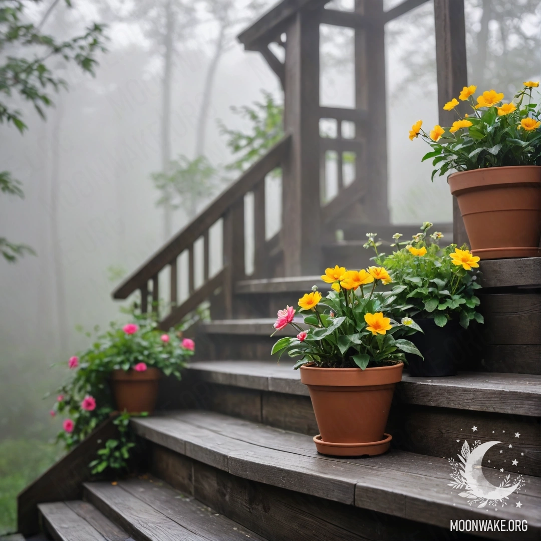 A wooden staircase adorned with flowerpots surrounded by dense fog.