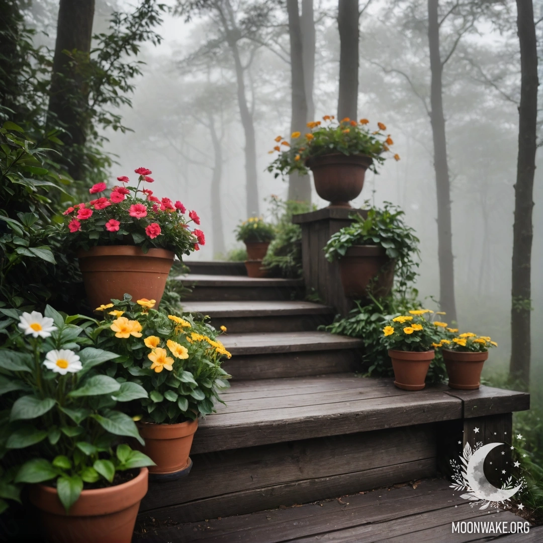 A wooden staircase adorned with flowerpots, enveloped in heavy fog.