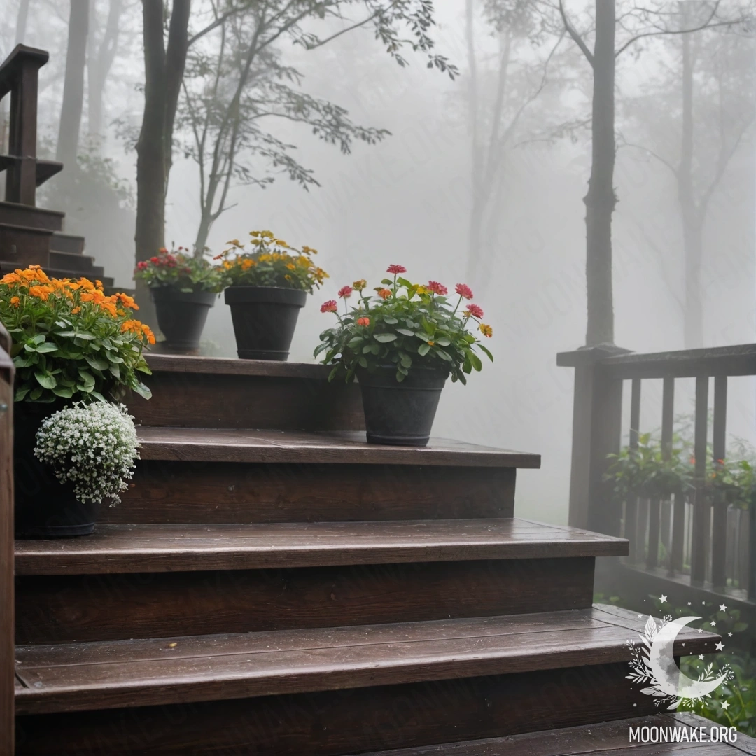 A wooden staircase adorned with flowerpots, enveloped in heavy fog.