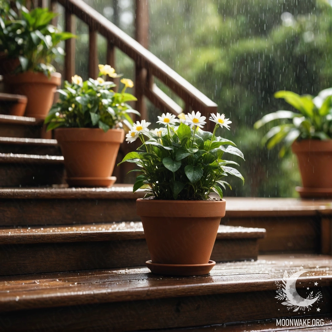 A peaceful scene depicting flowerpots resting on a wooden staircase under rain.